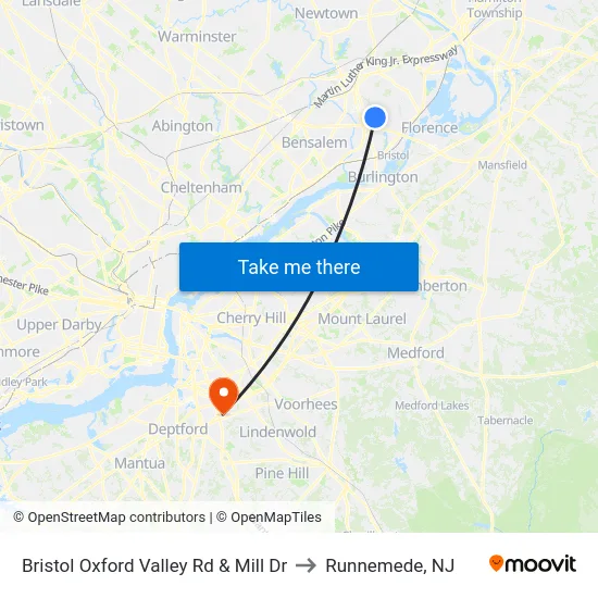 Bristol Oxford Valley Rd & Mill Dr to Runnemede, NJ map