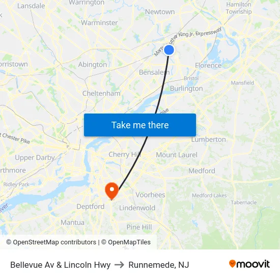 Bellevue Av & Lincoln Hwy to Runnemede, NJ map