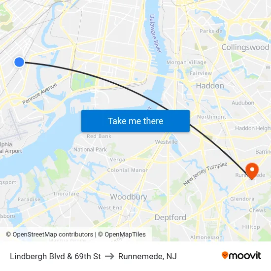 Lindbergh Blvd & 69th St to Runnemede, NJ map
