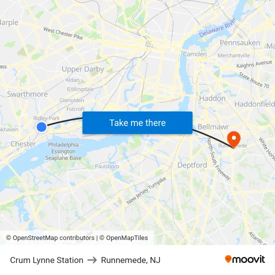 Crum Lynne Station to Runnemede, NJ map