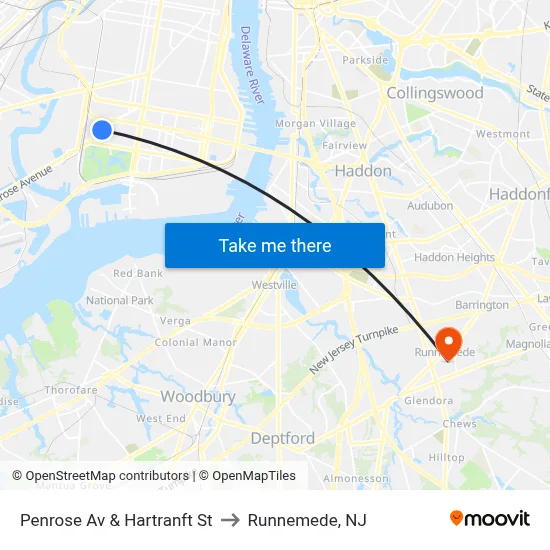 Penrose Av & Hartranft St to Runnemede, NJ map