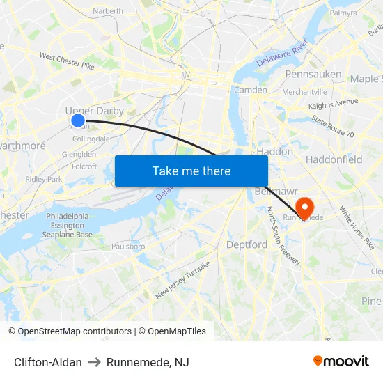 Clifton-Aldan to Runnemede, NJ map