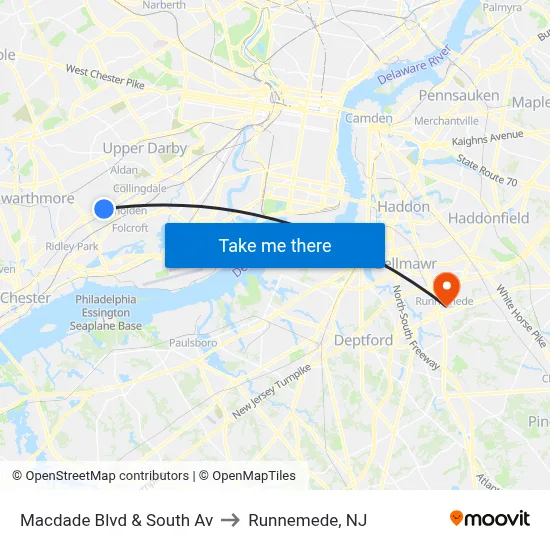 Macdade Blvd & South Av to Runnemede, NJ map