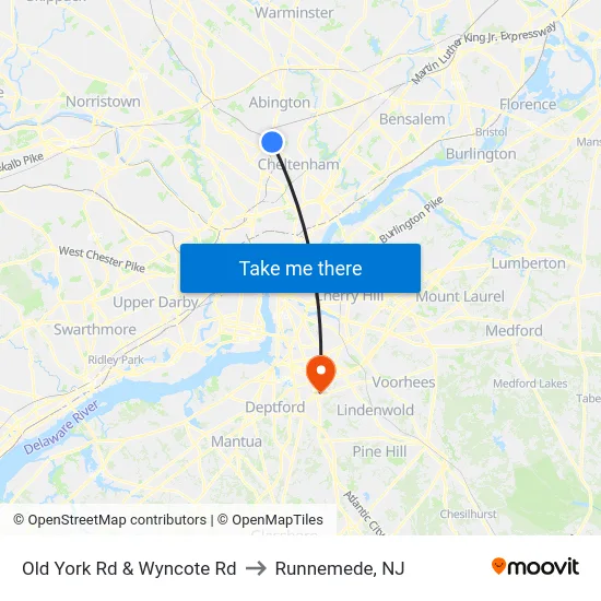 Old York Rd & Wyncote Rd to Runnemede, NJ map