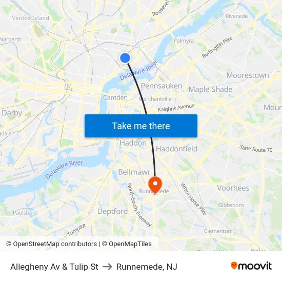 Allegheny Av & Tulip St to Runnemede, NJ map