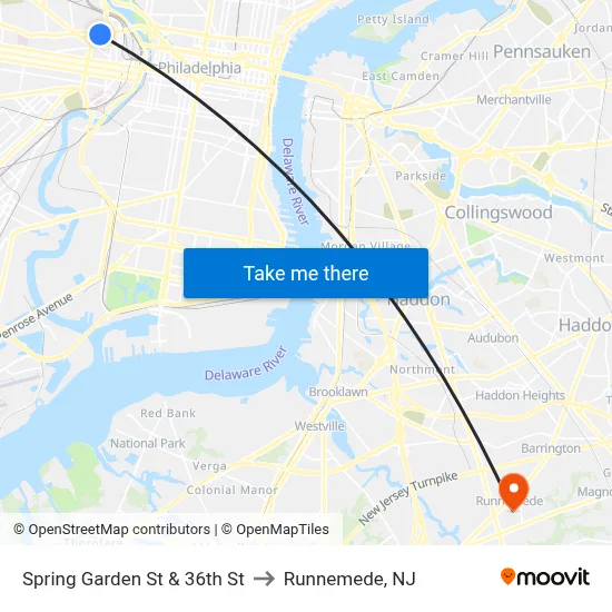 Spring Garden St & 36th St to Runnemede, NJ map