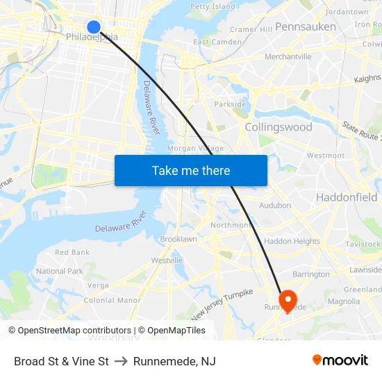 Broad St & Vine St to Runnemede, NJ map