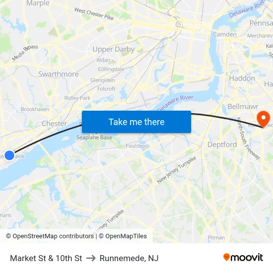 Market St & 10th St to Runnemede, NJ map