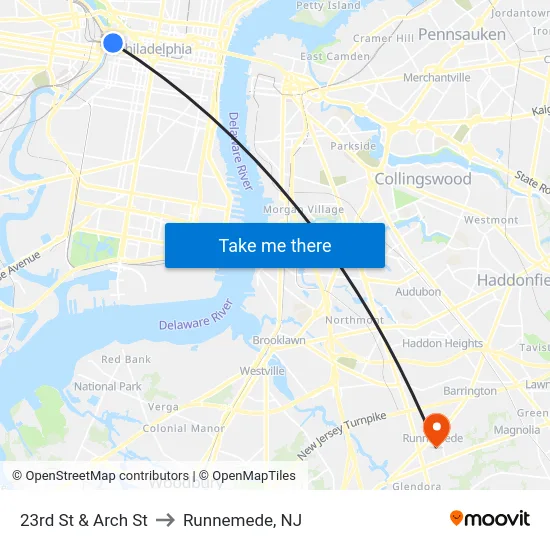 23rd St & Arch St to Runnemede, NJ map