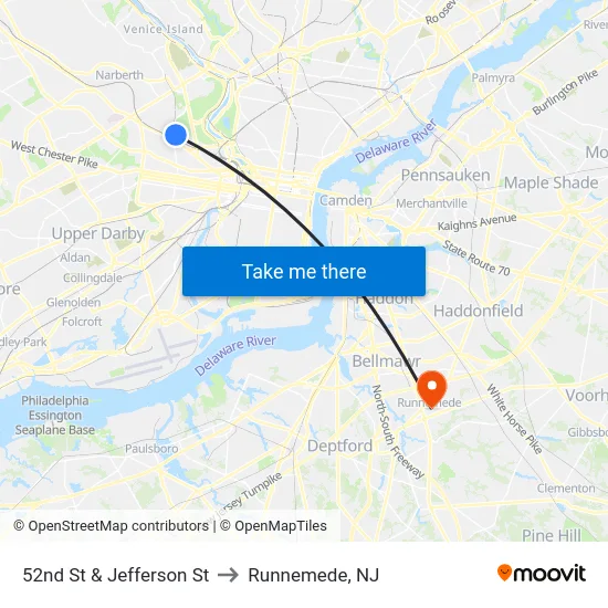 52nd St & Jefferson St to Runnemede, NJ map