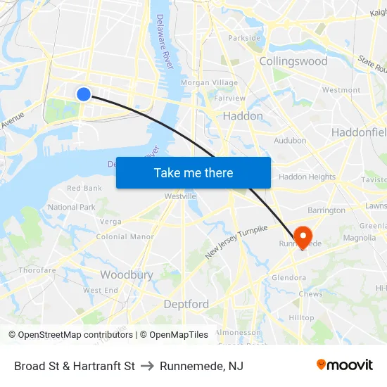 Broad St & Hartranft St to Runnemede, NJ map