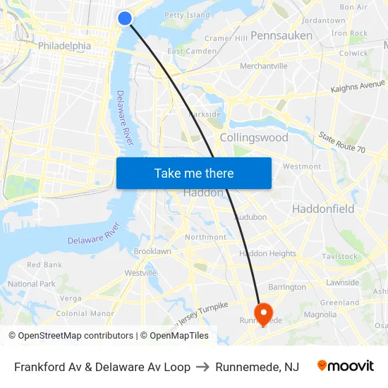 Frankford Av & Delaware Av Loop to Runnemede, NJ map