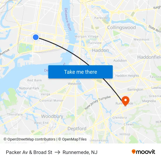 Packer Av & Broad St to Runnemede, NJ map