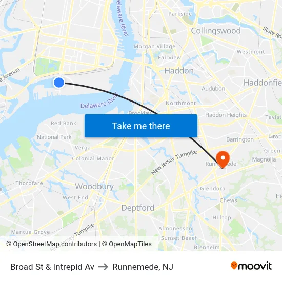 Broad St & Intrepid Av to Runnemede, NJ map