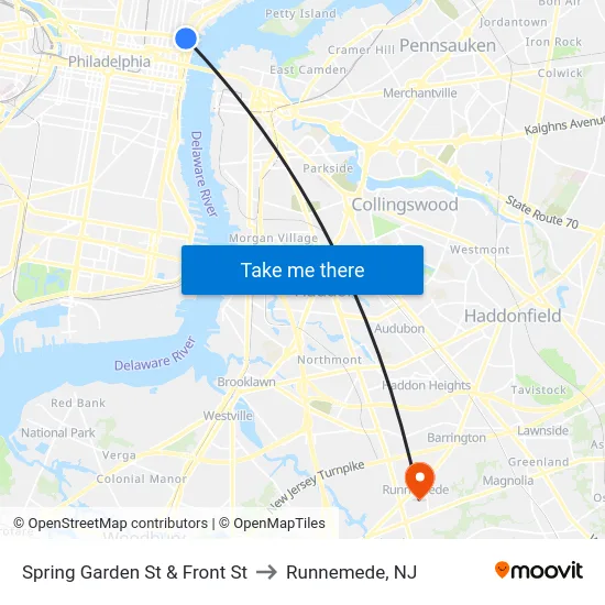 Spring Garden St & Front St to Runnemede, NJ map