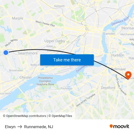 Elwyn to Runnemede, NJ map