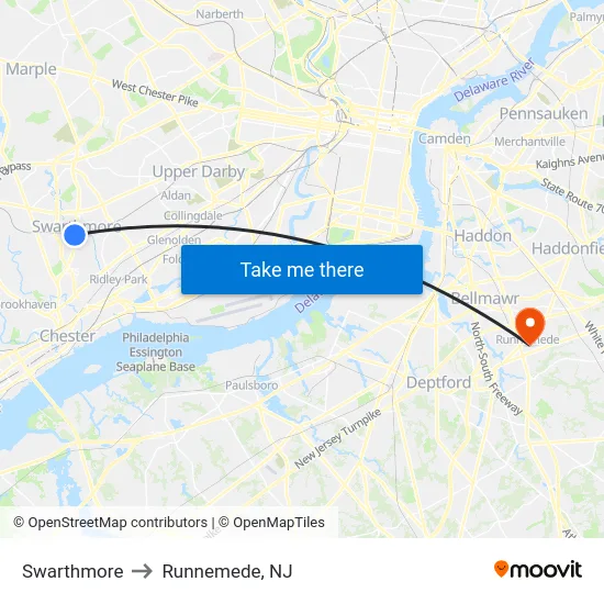 Swarthmore to Runnemede, NJ map