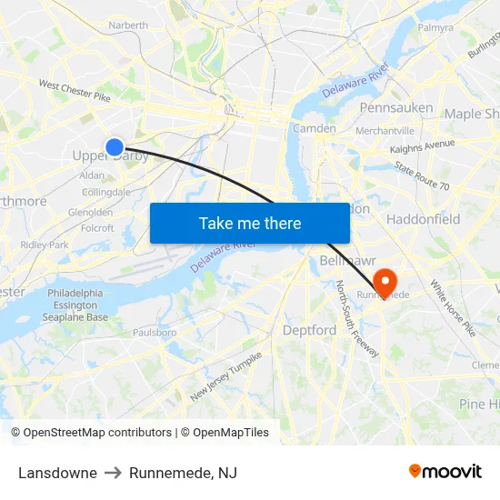 Lansdowne to Runnemede, NJ map