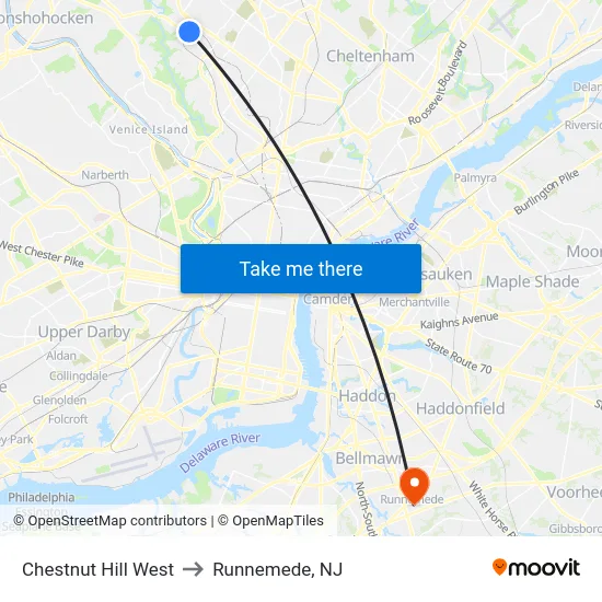 Chestnut Hill West to Runnemede, NJ map