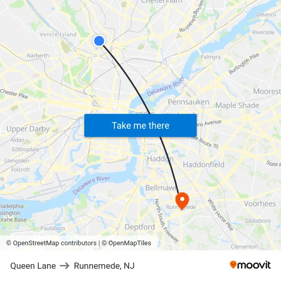 Queen Lane to Runnemede, NJ map