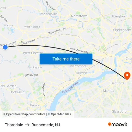 Thorndale to Runnemede, NJ map
