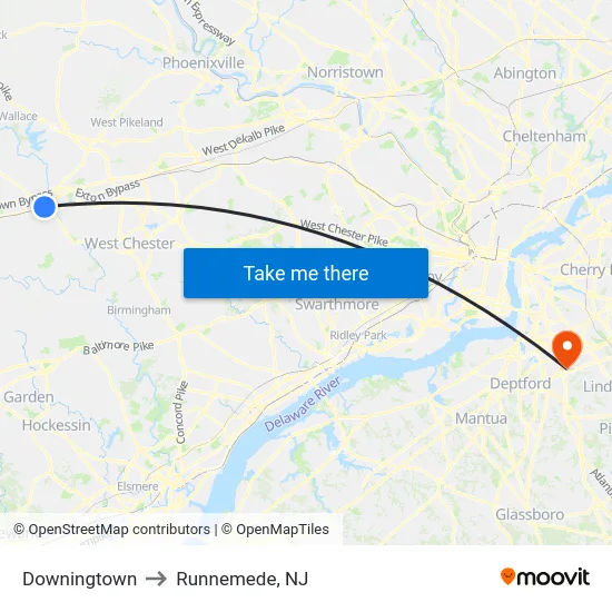 Downingtown to Runnemede, NJ map