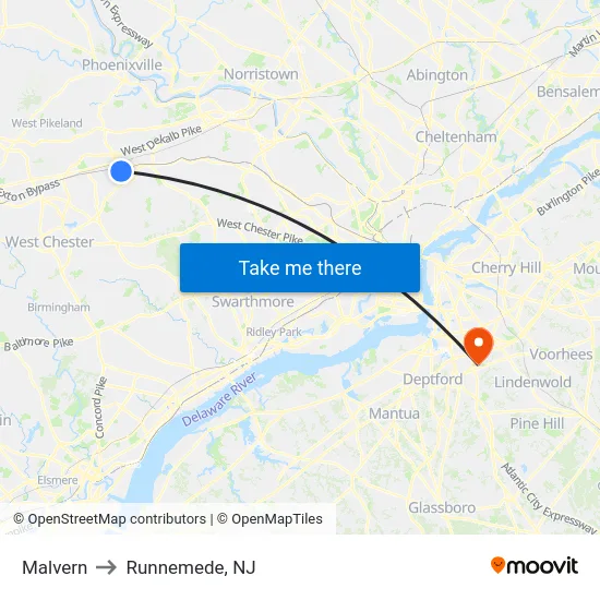 Malvern to Runnemede, NJ map