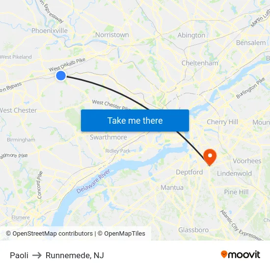 Paoli to Runnemede, NJ map