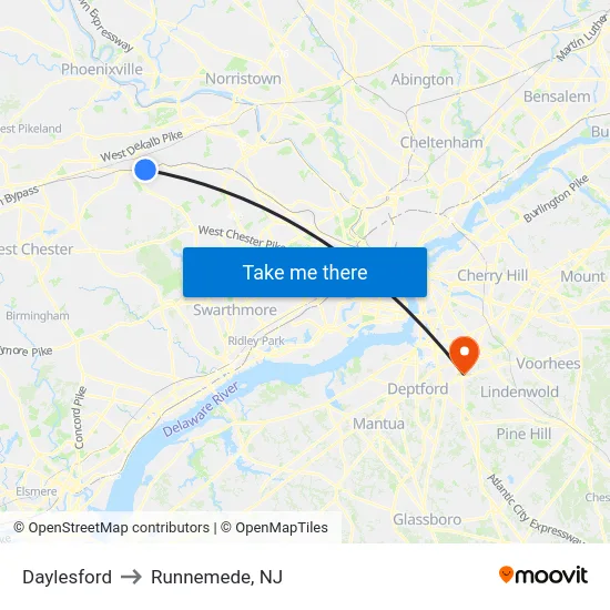 Daylesford to Runnemede, NJ map