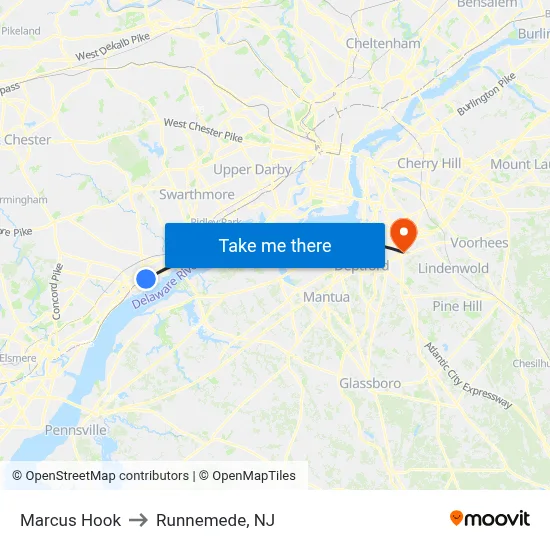 Marcus Hook to Runnemede, NJ map