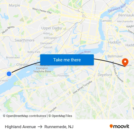 Highland Avenue to Runnemede, NJ map
