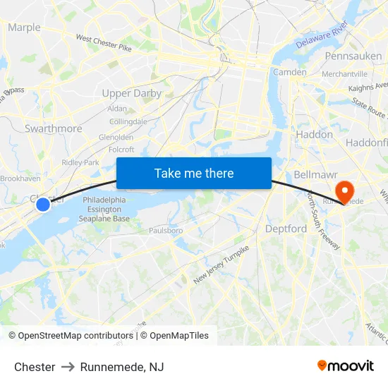 Chester to Runnemede, NJ map