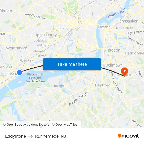Eddystone to Runnemede, NJ map