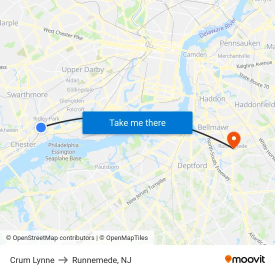 Crum Lynne to Runnemede, NJ map