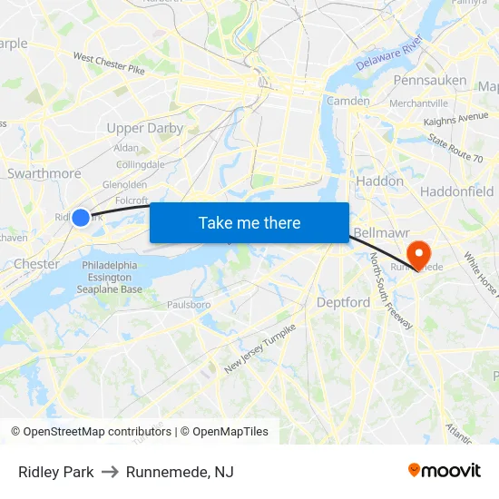 Ridley Park to Runnemede, NJ map