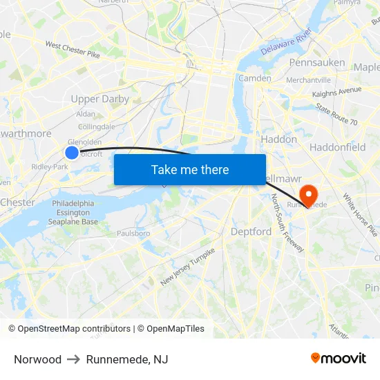 Norwood to Runnemede, NJ map