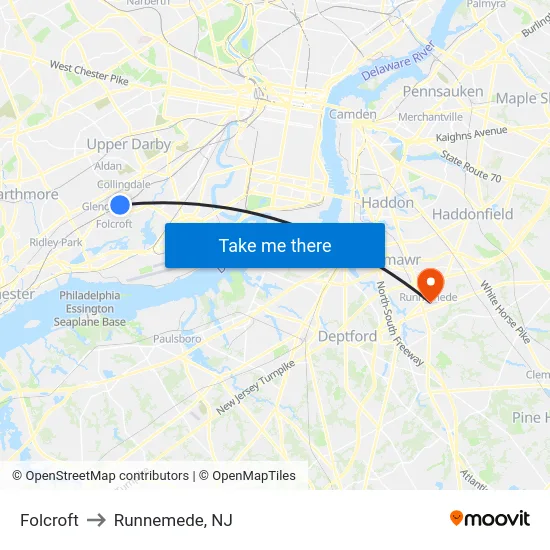 Folcroft to Runnemede, NJ map