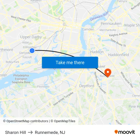 Sharon Hill to Runnemede, NJ map