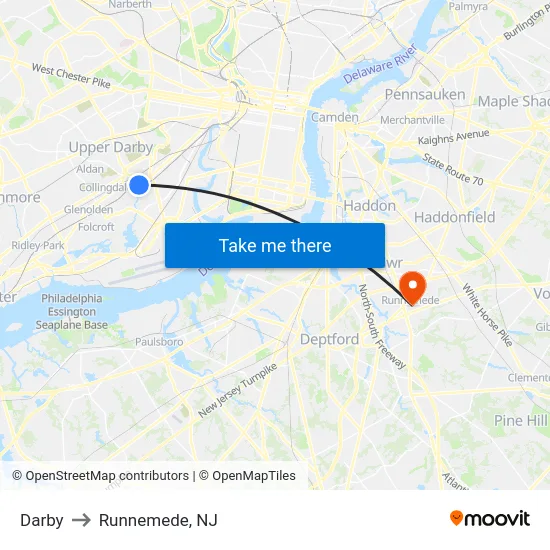 Darby to Runnemede, NJ map