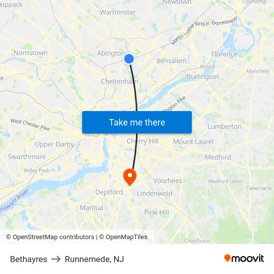 Bethayres to Runnemede, NJ map
