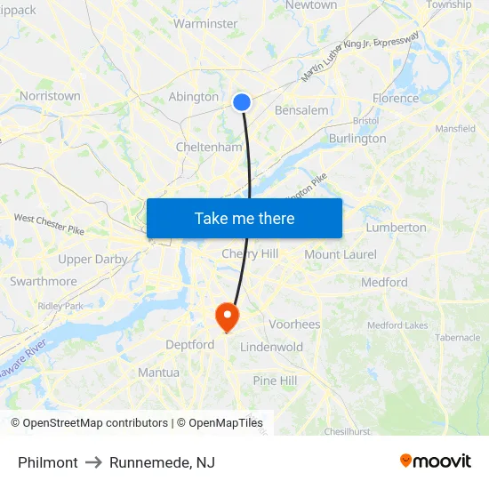 Philmont to Runnemede, NJ map