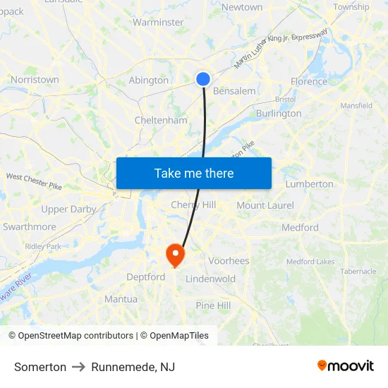 Somerton to Runnemede, NJ map