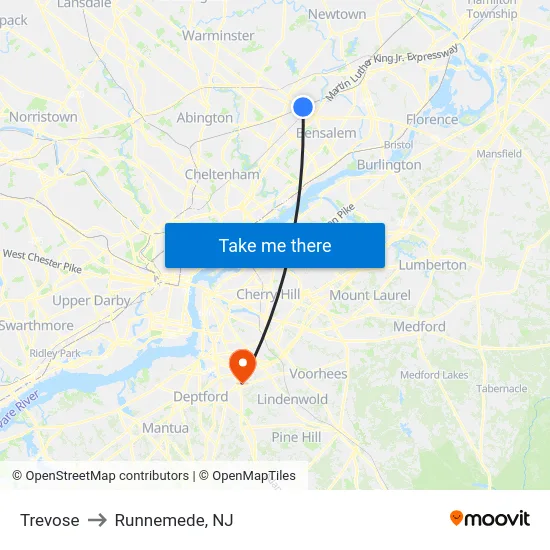 Trevose to Runnemede, NJ map