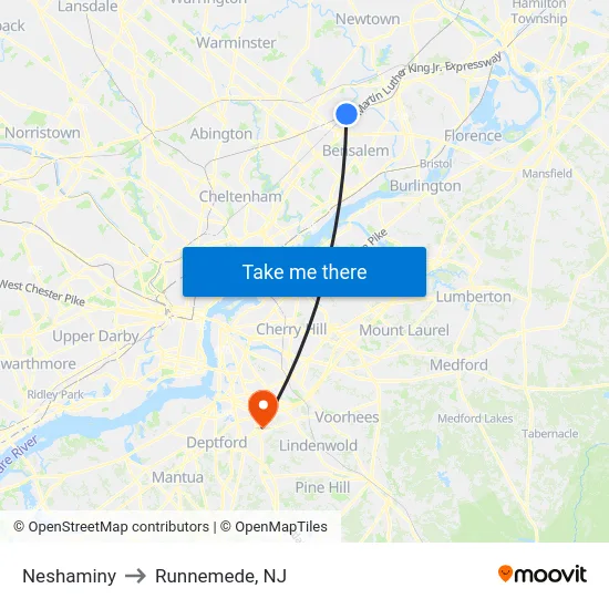 Neshaminy to Runnemede, NJ map
