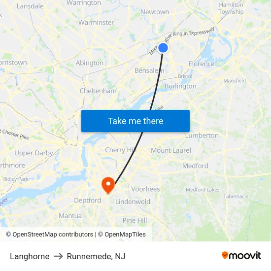 Langhorne to Runnemede, NJ map