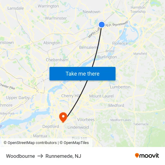 Woodbourne to Runnemede, NJ map