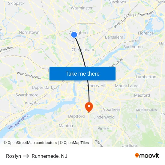 Roslyn to Runnemede, NJ map