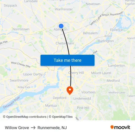 Willow Grove to Runnemede, NJ map