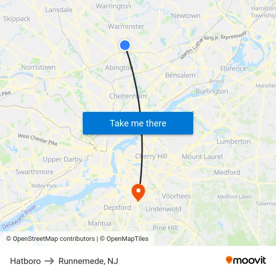 Hatboro to Runnemede, NJ map