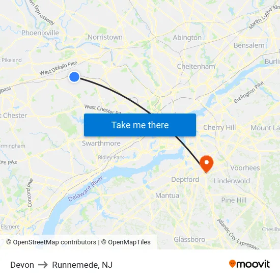 Devon to Runnemede, NJ map